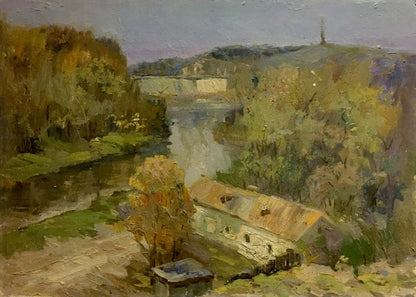 Oil painting by Morozov Leonid Aleksandrovich: rustic stone building by autumn river