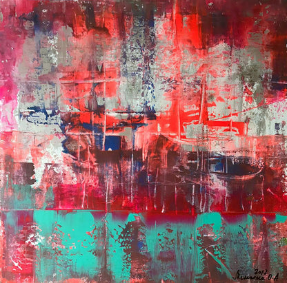 Abstract Acrylic Painting Berth Melezhik Olga with red teal gray strokes