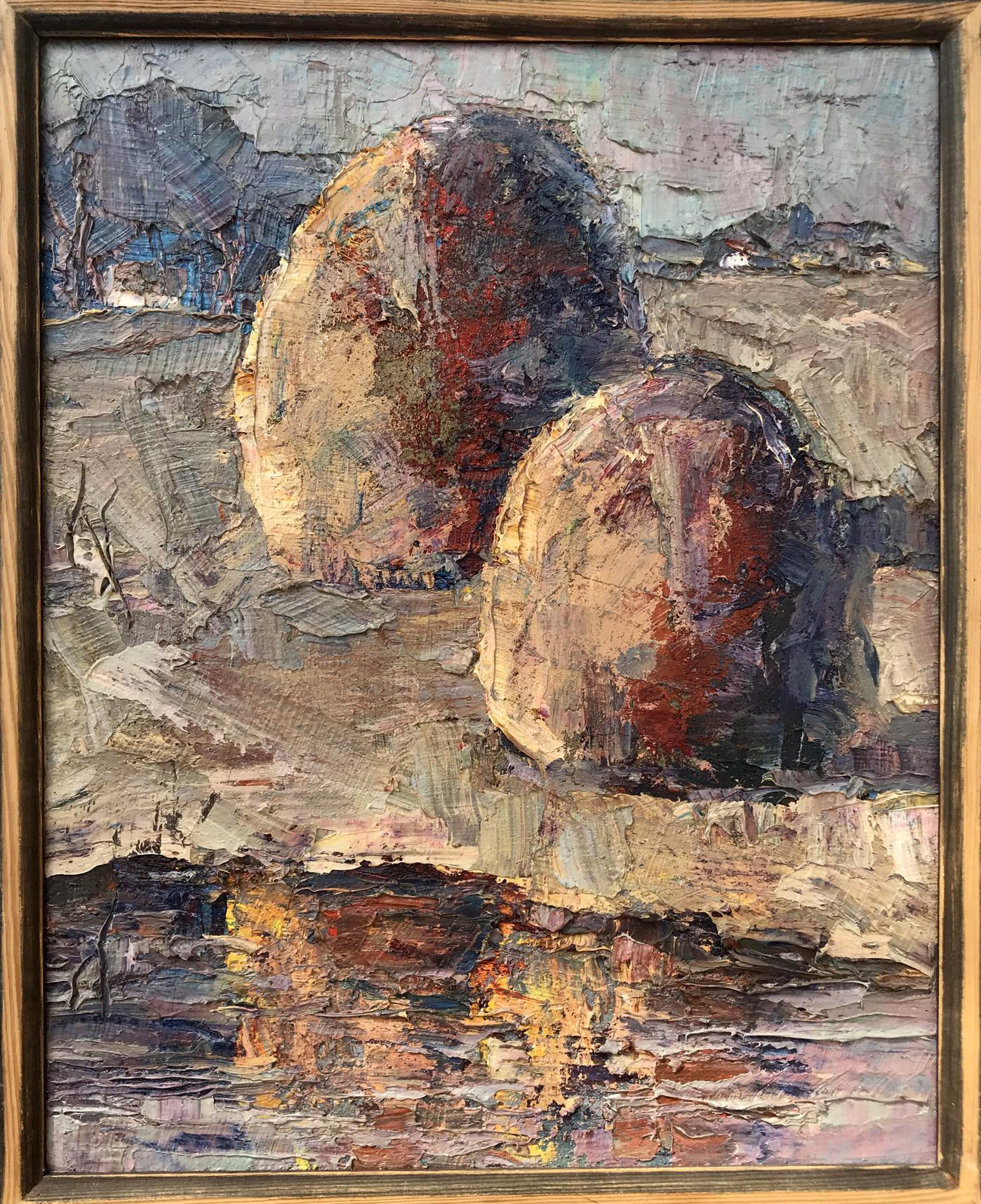 Oil painting August morning by Mazur Vladimir, textured stones in wooden frame
