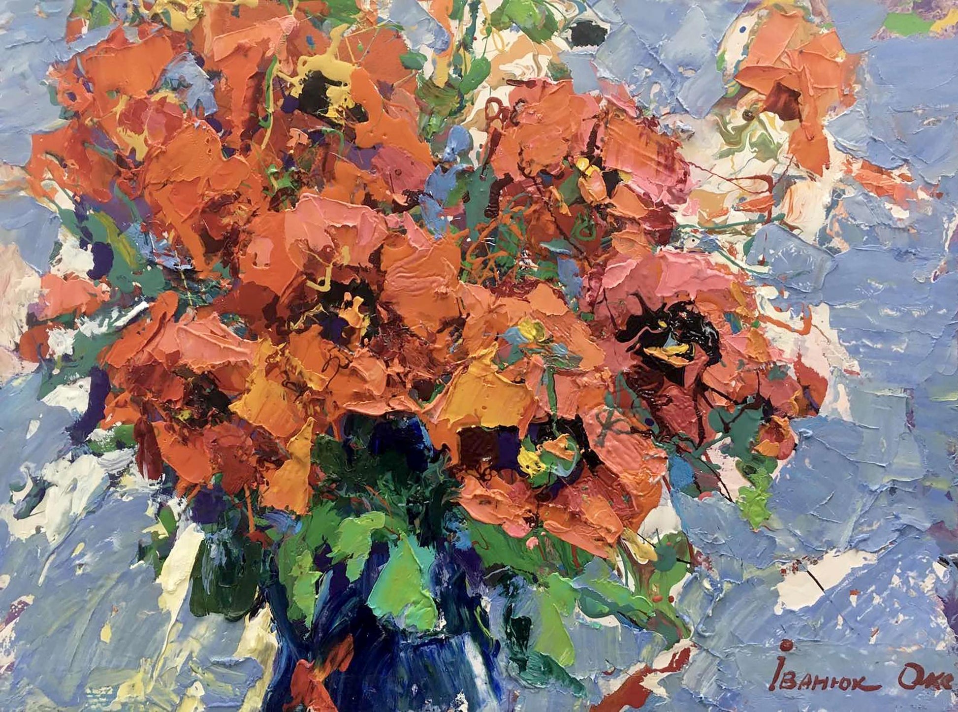 Oil painting Poppies in the Morning by Ivanyuk Oksana, vibrant poppies in blue vase