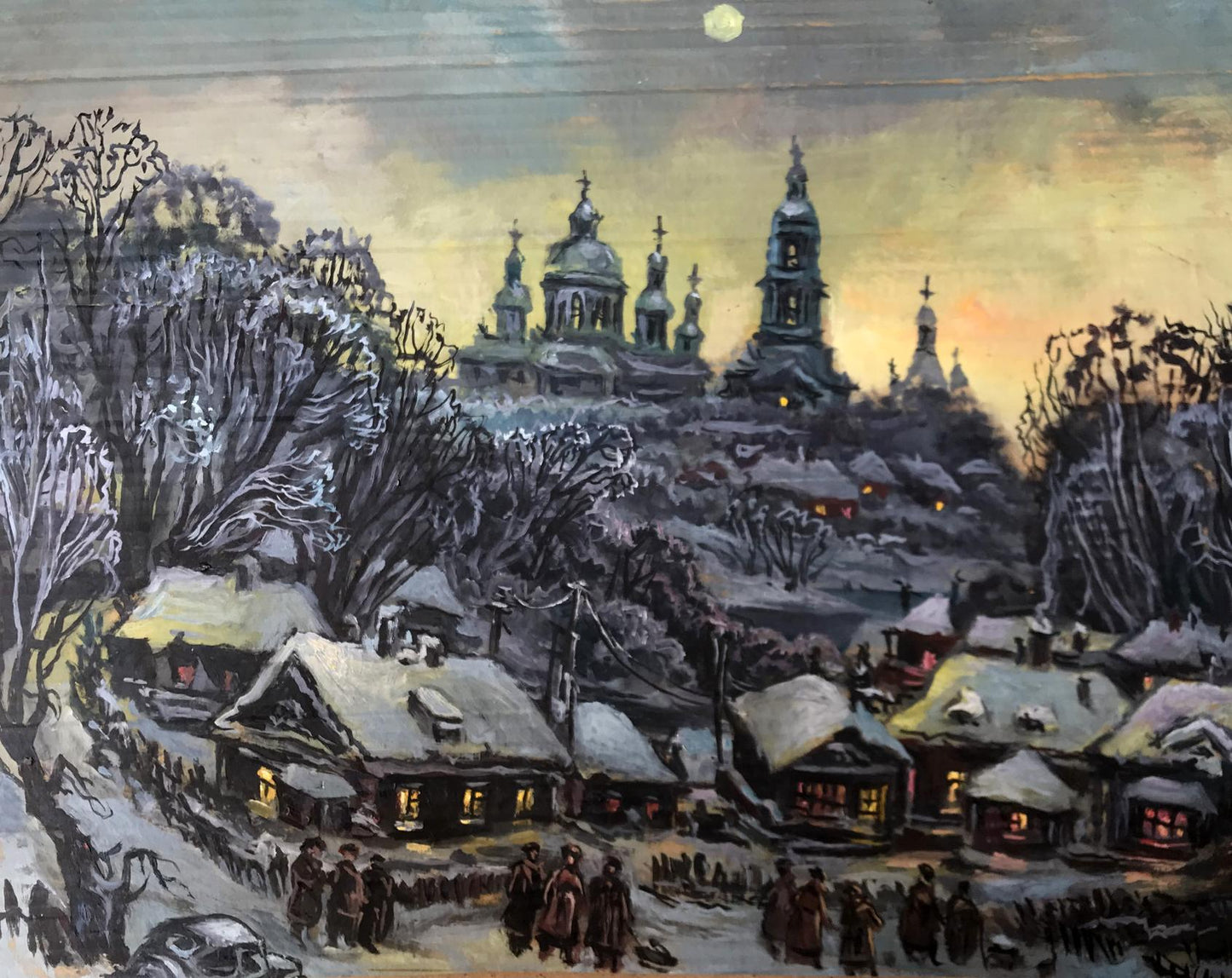Snow-covered village with onion-domed churches by Alexander Litvinov