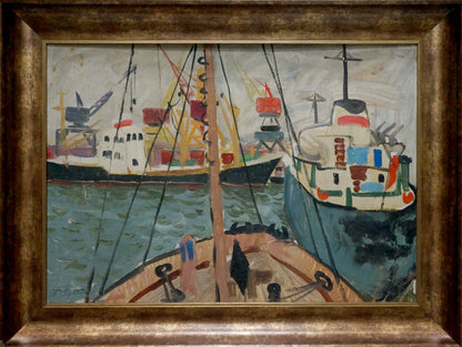 Oil painting Ships in the port Zebek by Vladimir Evgenievich in gold frame
