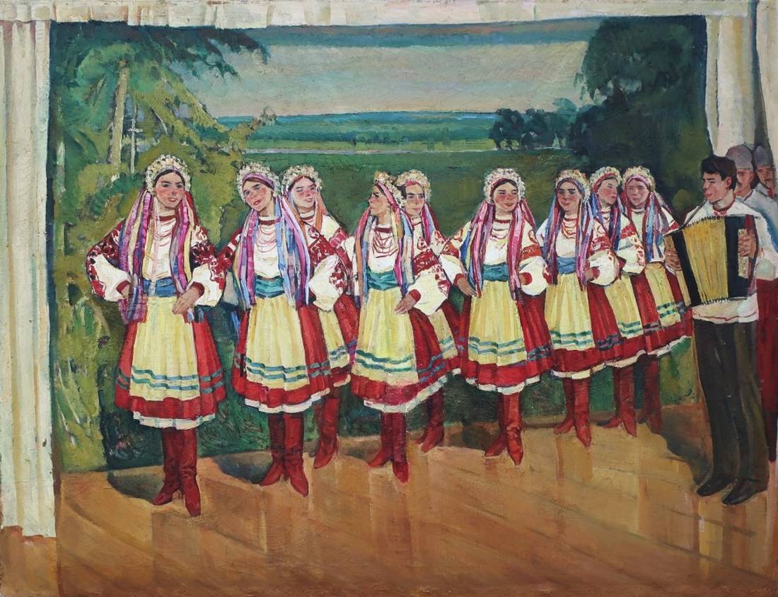 Oil painting by Cherny M. M. of vibrant folk dancers in yellow skirts