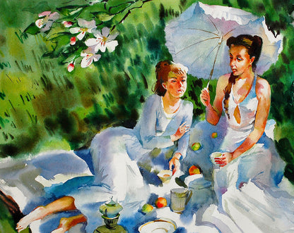 Watercolor painting by Egor Shvachunov: picnic with two women under blossoming trees