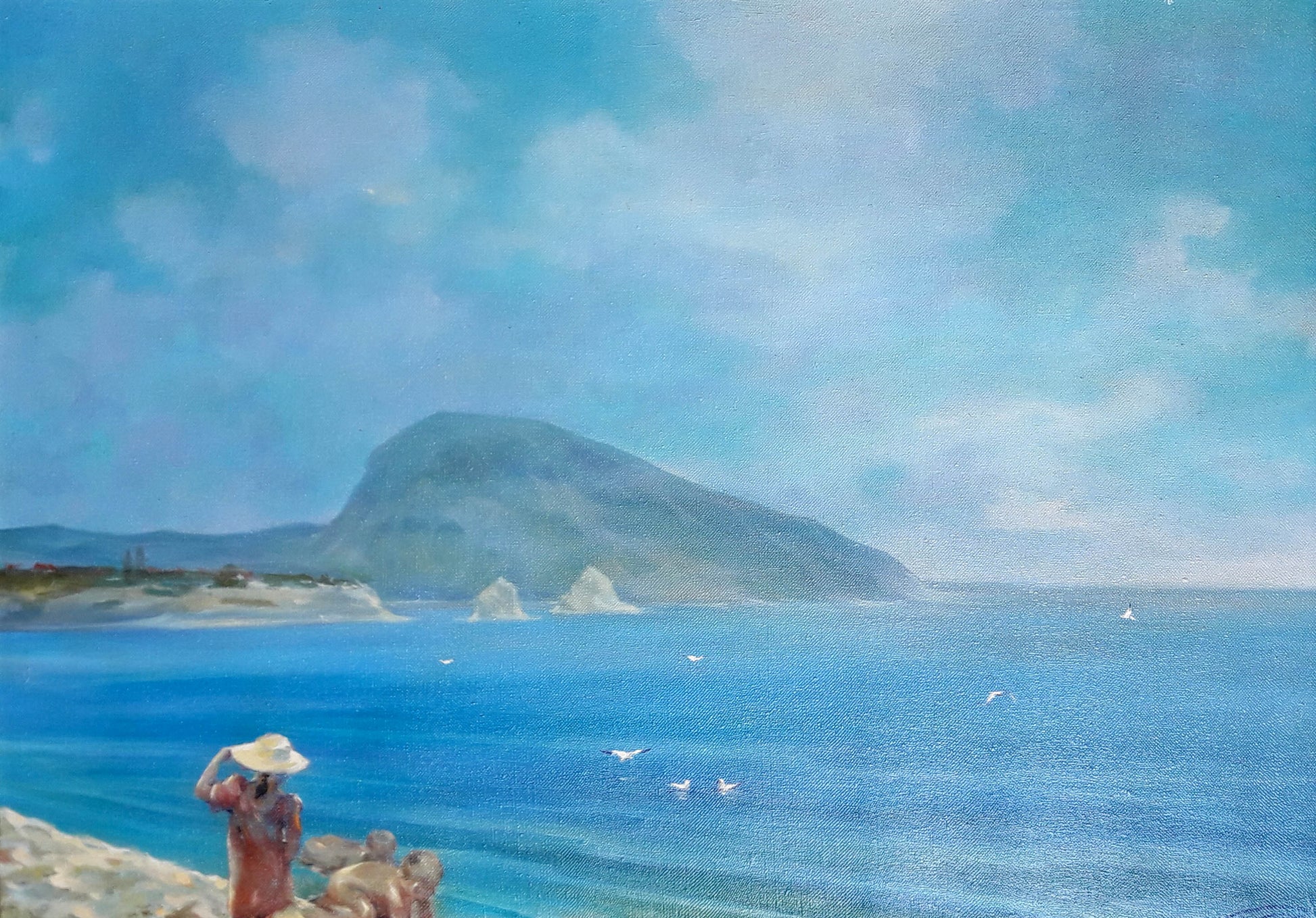 Oil painting Children by the water by Korkishko Vasily serene coastal scene