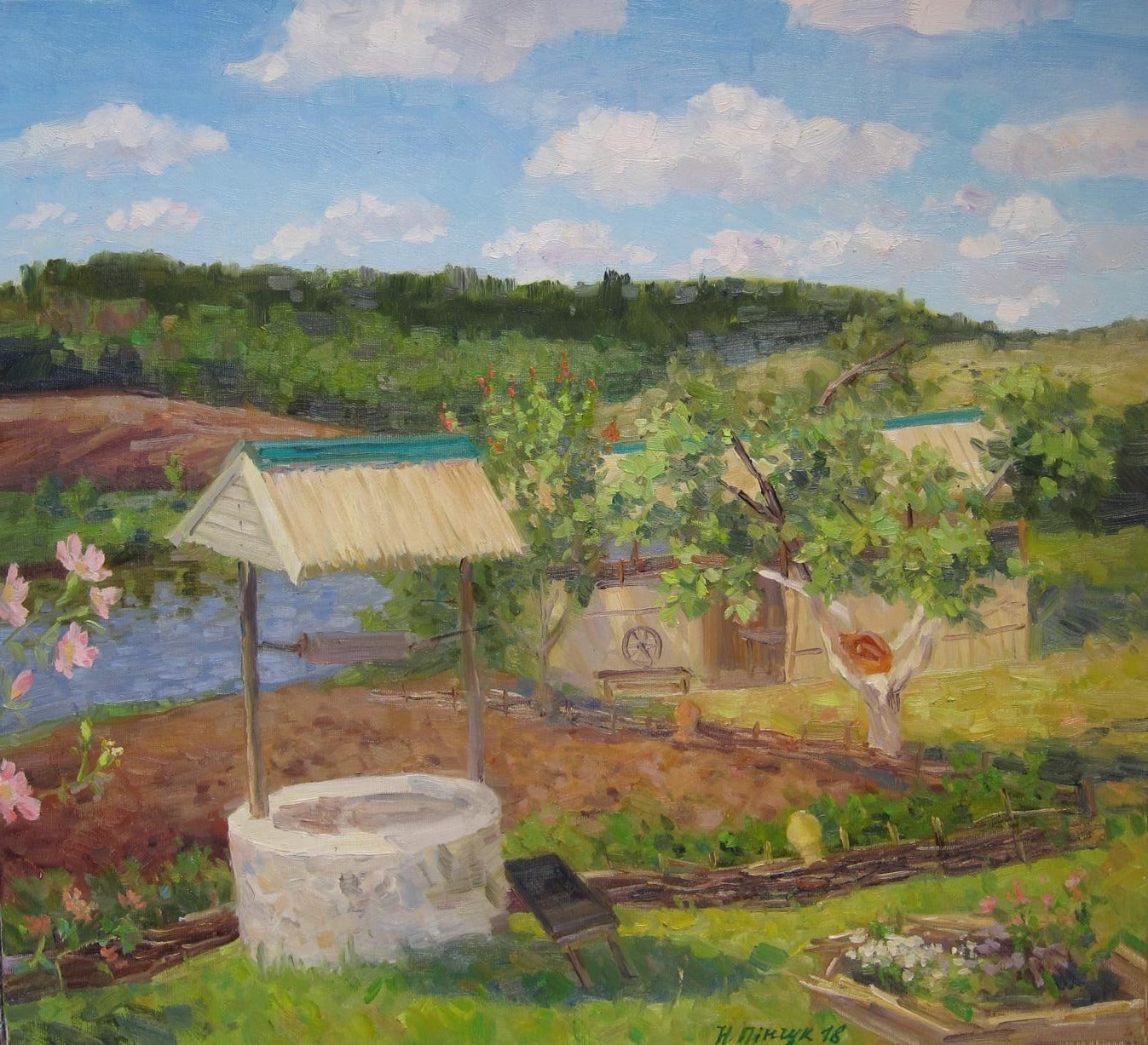 Oil painting Spring Pinchuk: stone well with thatched roof amid greenery