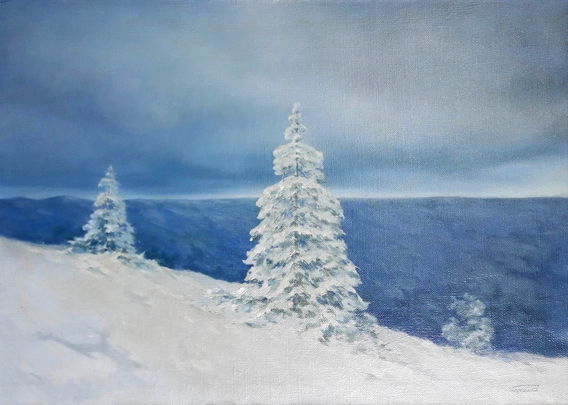Snowy evergreens in Vasily Korkishko winter mountains oil painting