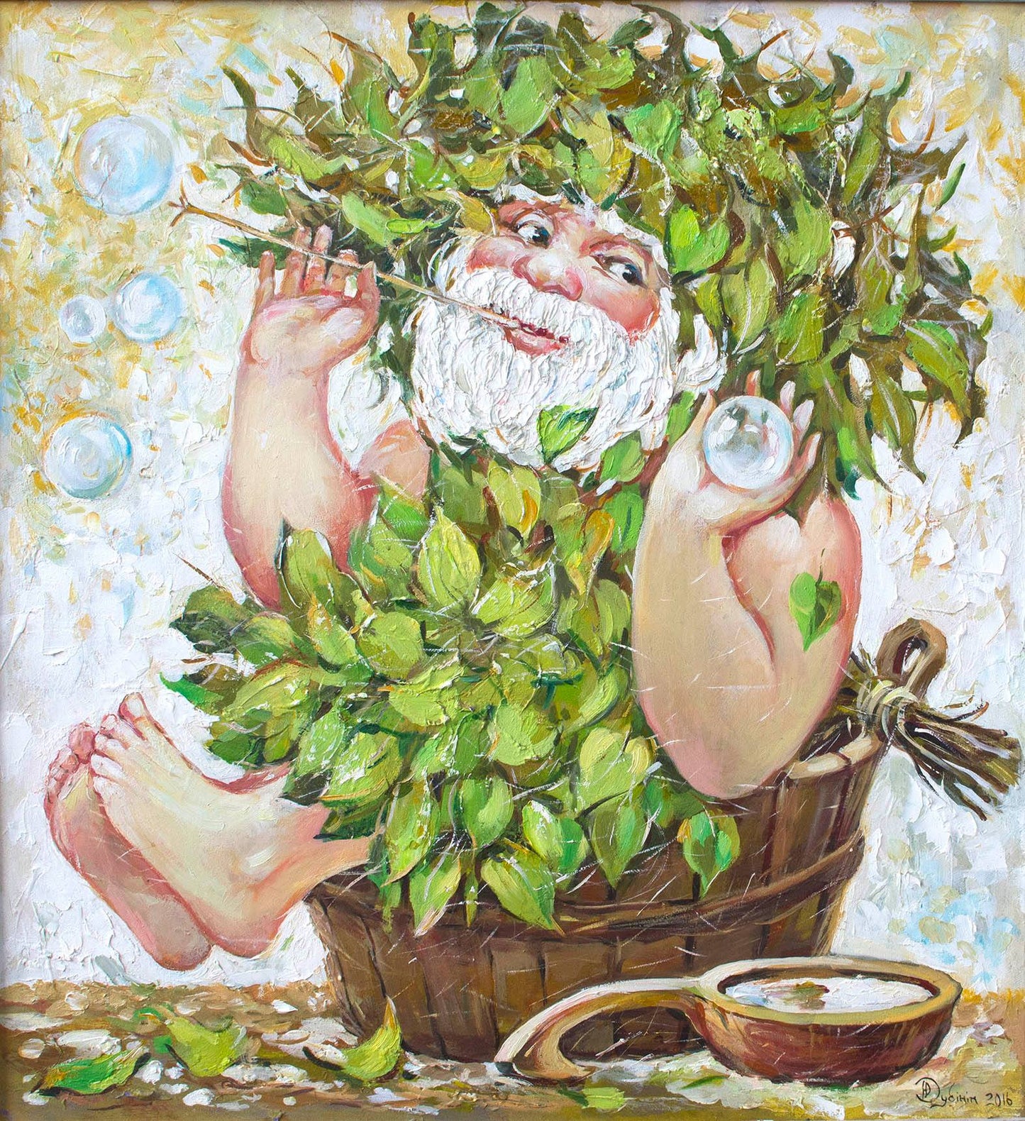 Whimsical oil painting by Goblin Dubinin Yurii: cheerful bearded figure in leafy bucket