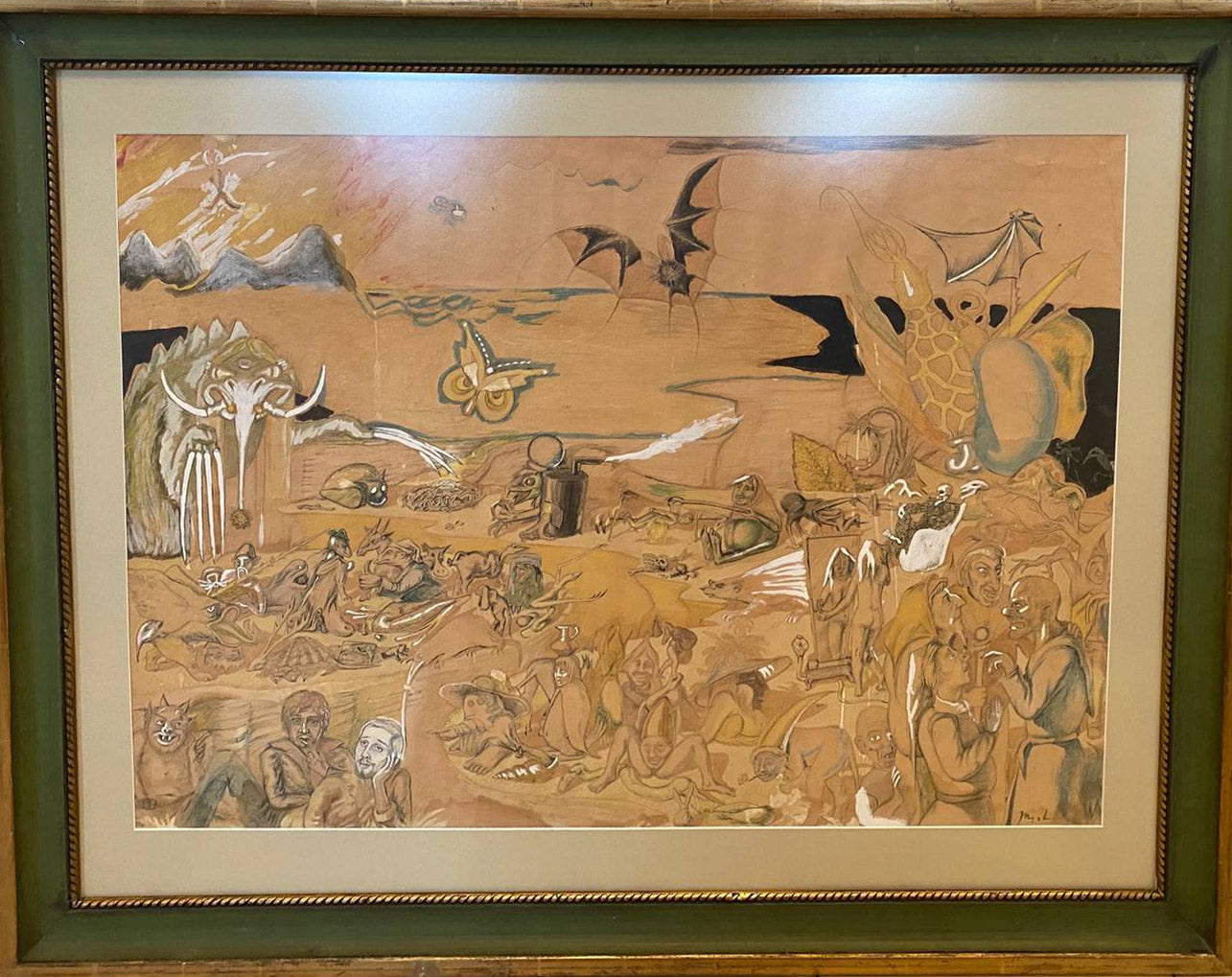 Framed surrealist Hell painting by Mikhail Fyodorovich Larionov in ornate green frame