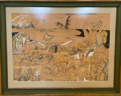 Framed surrealist Hell painting by Mikhail Fyodorovich Larionov in ornate green frame
