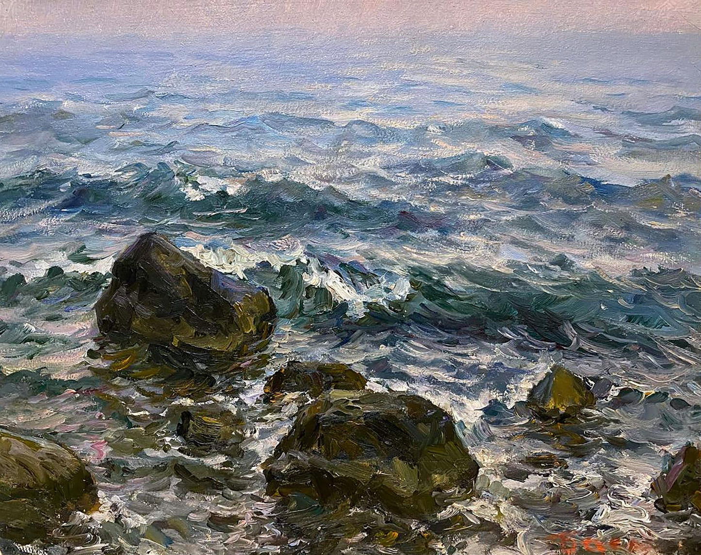 Oil painting Surf by Basov Yakov Aleksandrovich: turbulent waves on rocks