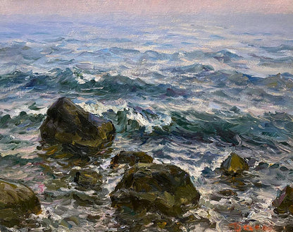 Oil painting Surf by Basov Yakov Aleksandrovich: turbulent waves on rocks