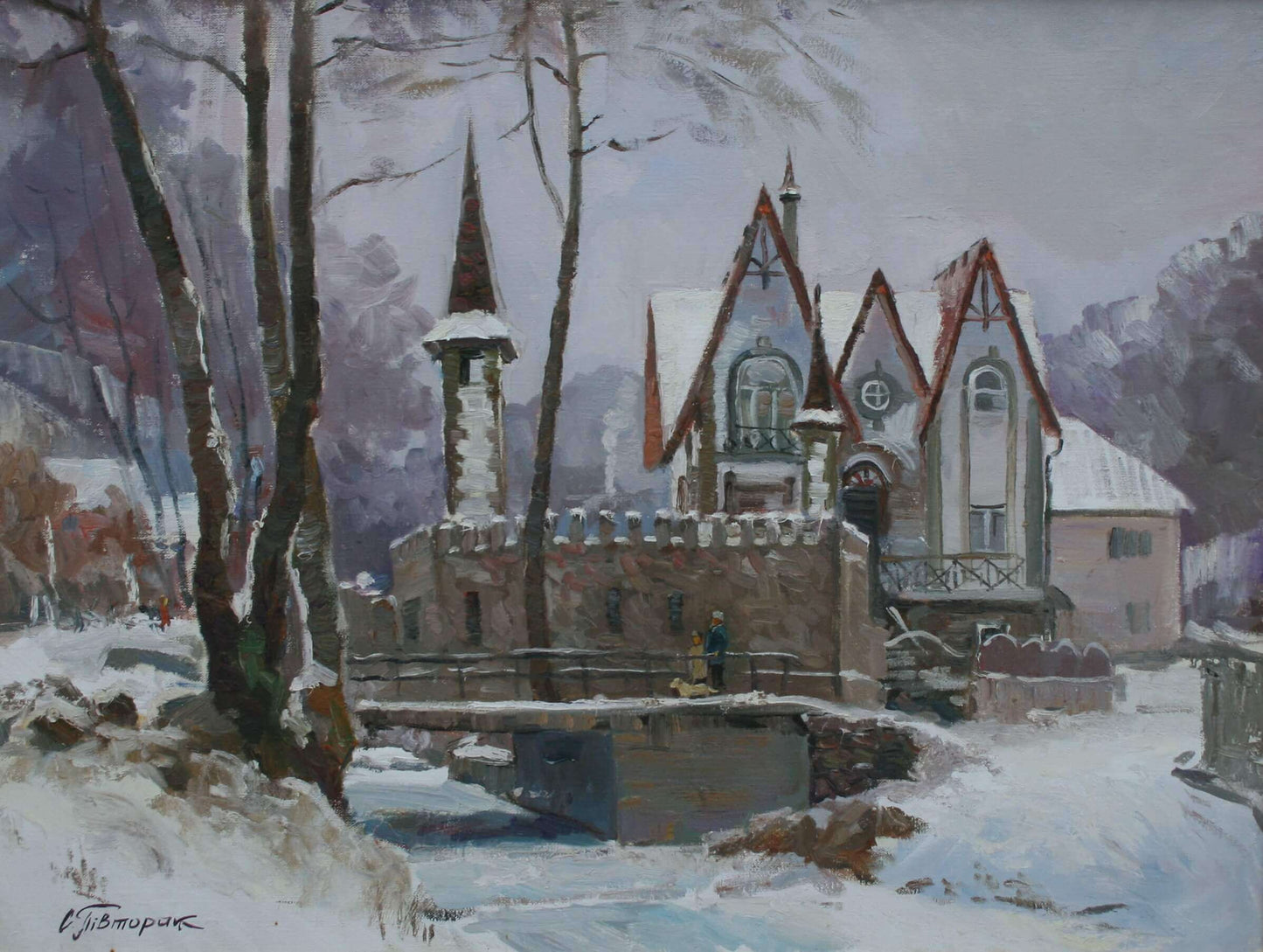 Snow-covered stone castle oil painting by Sergiy Pivtorak
