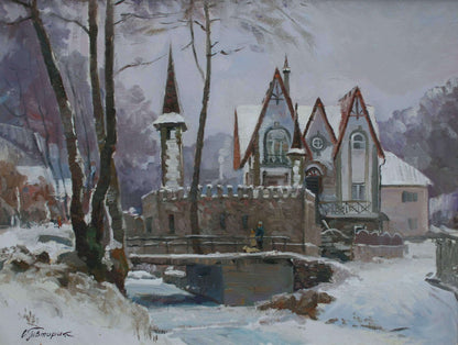 Snow-covered stone castle oil painting by Sergiy Pivtorak