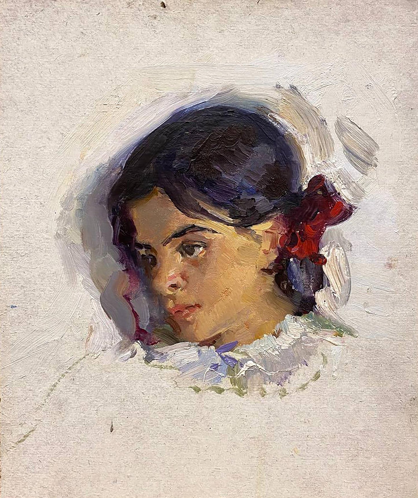 Oil painting portrait of girl with red ribbon by Leonid Mikhaylovich