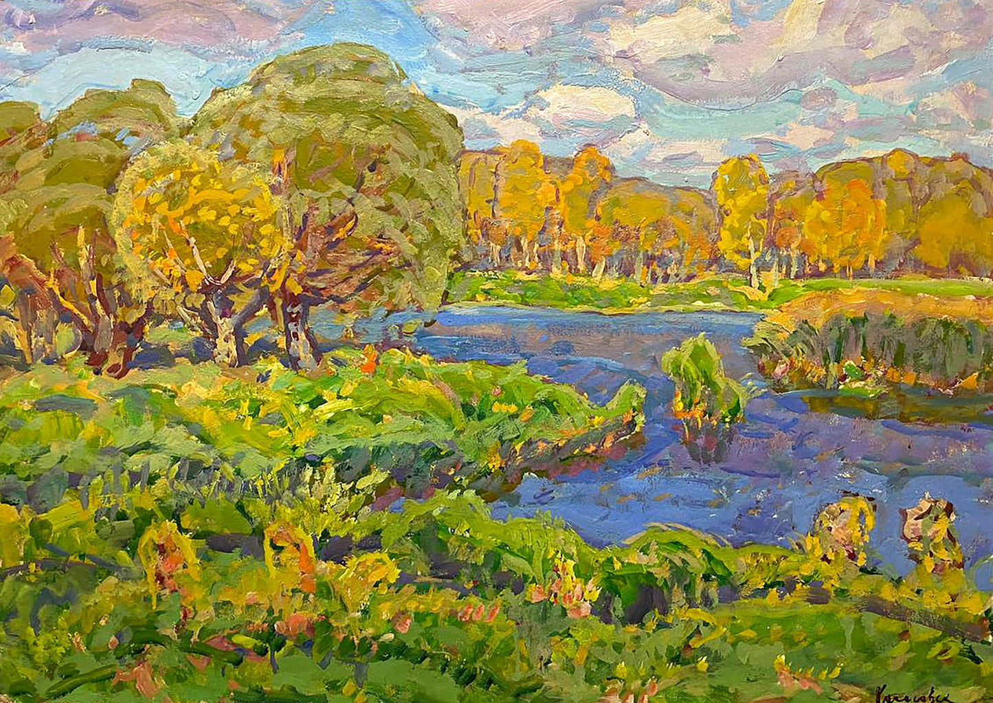 Vibrant impressionist oil painting Rest in the autumn forest by Kolosovsky Georgy Sergeevich