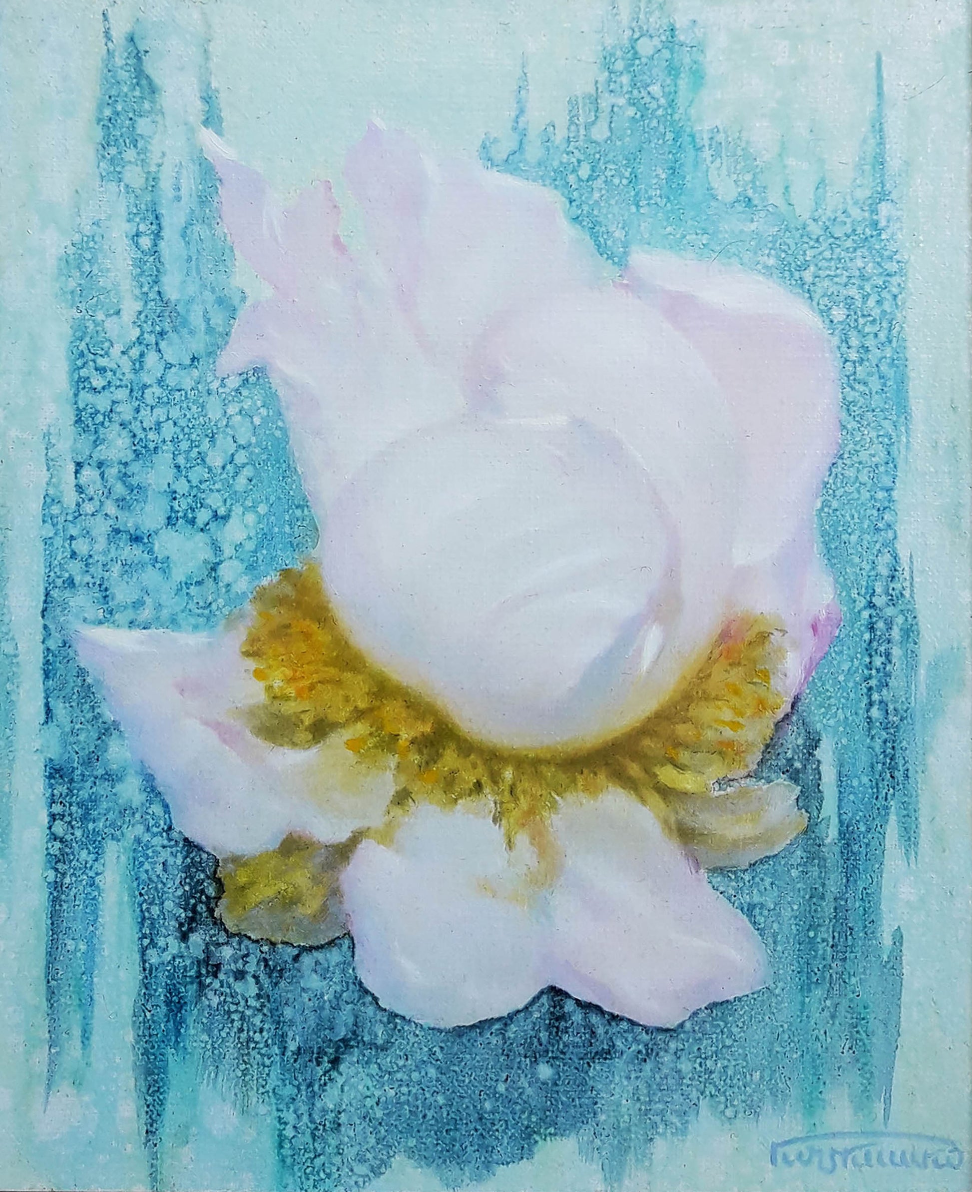 Delicate pink peony oil painting by Vasily Korkishko on teal background