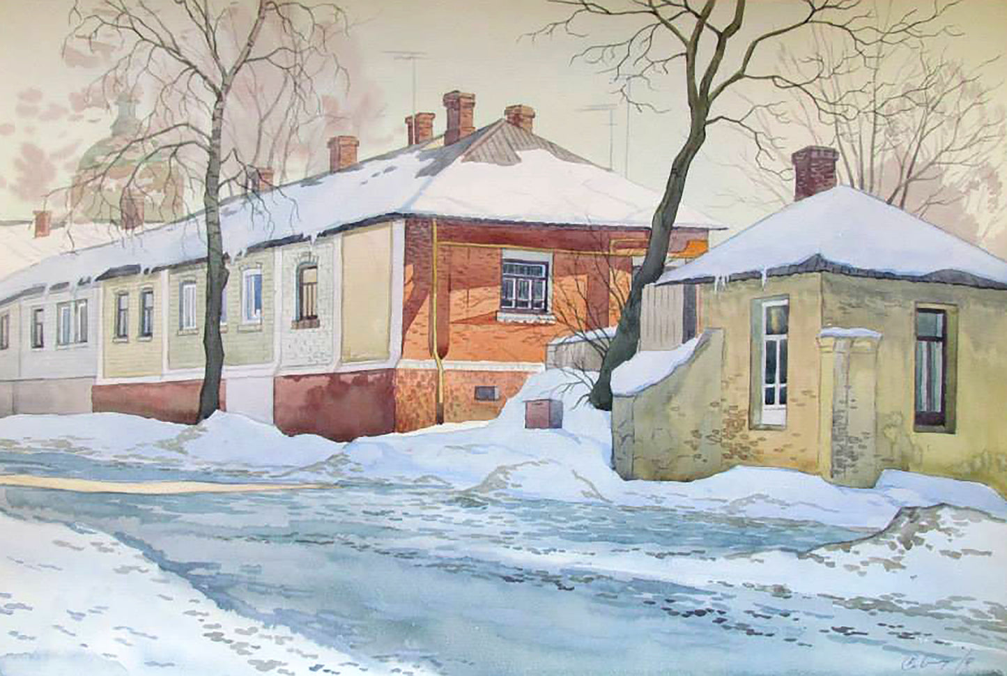 Watercolor painting Covered with snow outside Valery Savenets