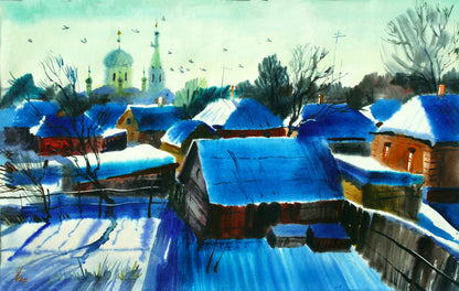 Watercolor painting Winter in Lebedyn by Egor Shvachunov: snow-covered village