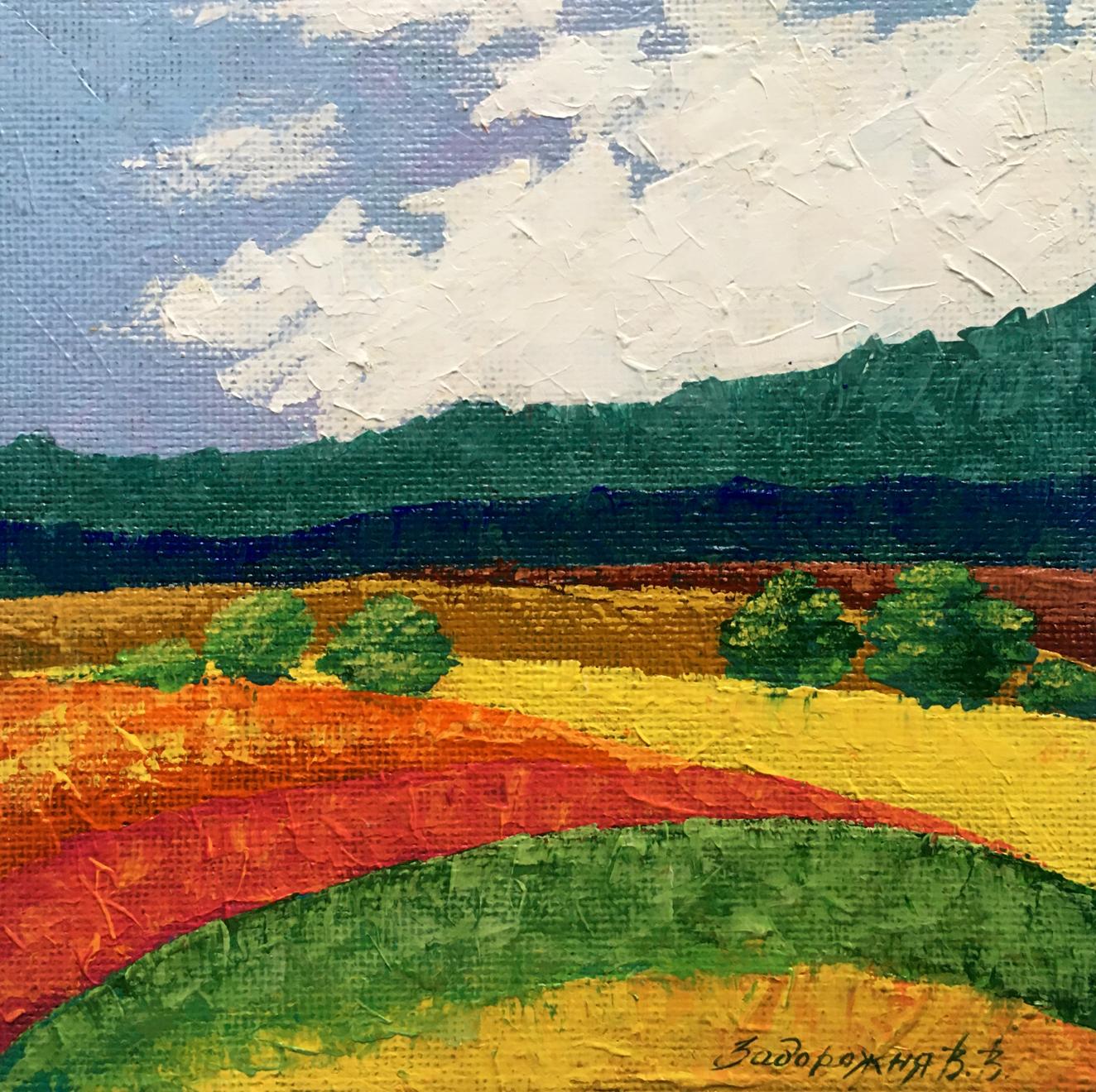Oil painting Golden field by Zadorozhnya V. V. vibrant reds yellows blue sky