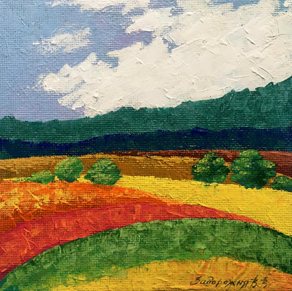 Oil painting Golden field by Zadorozhnya V. V. vibrant reds yellows blue sky