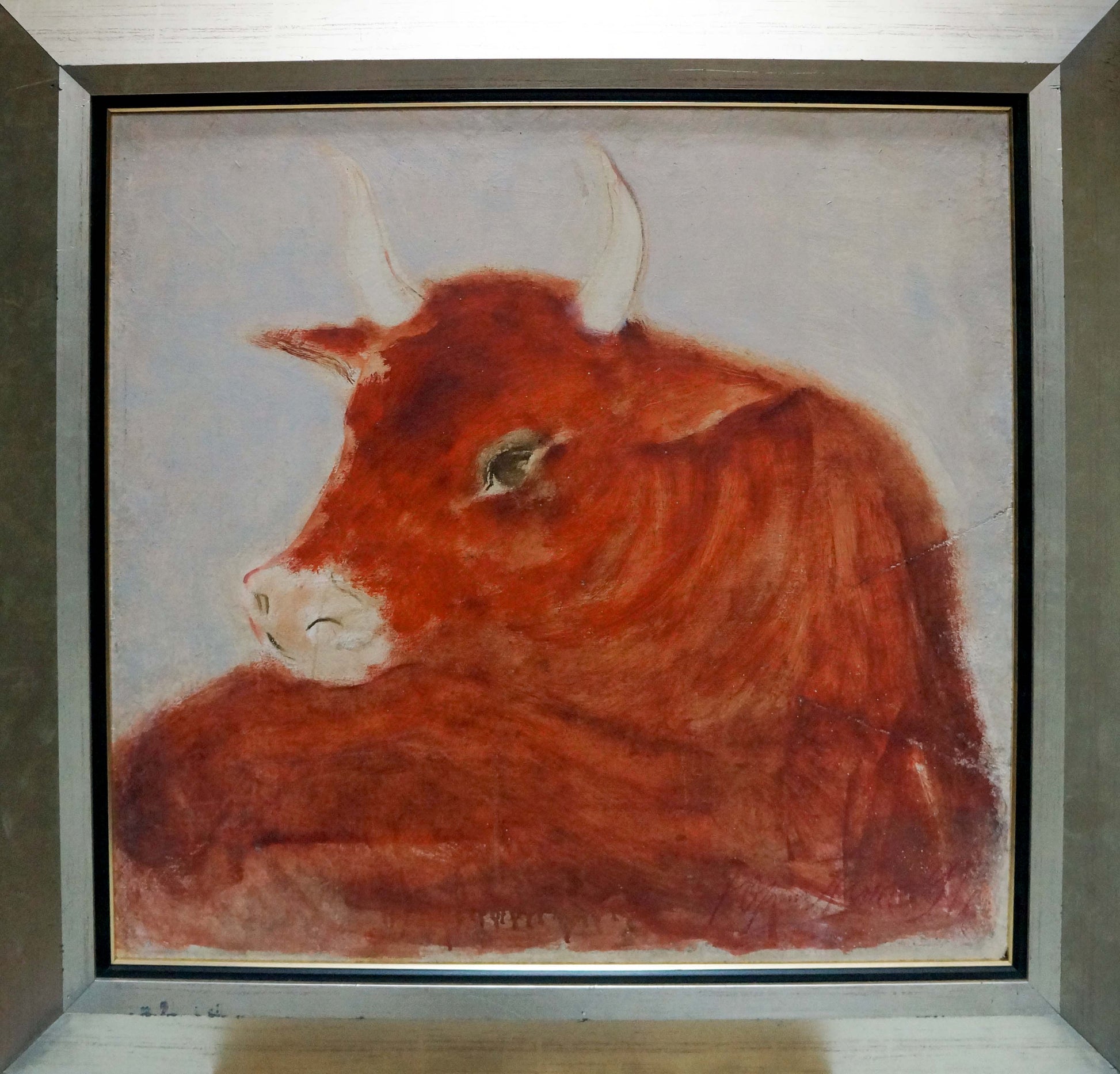 Oil painting of red bull with white horns by Yuri Anatolievich Pliss