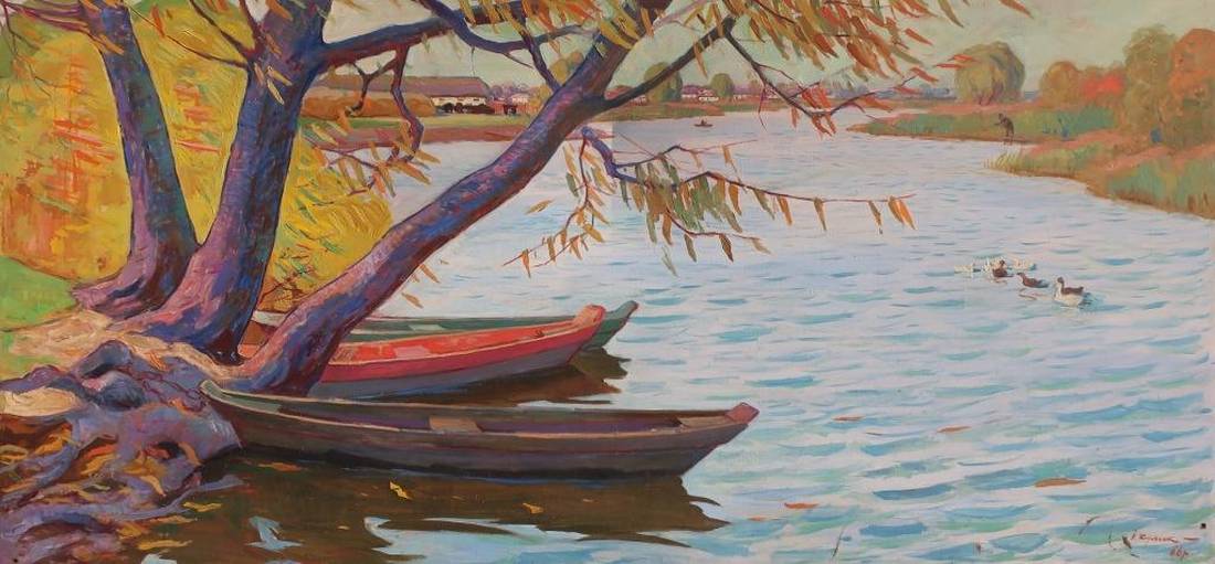 Oil painting River landscape Kulyk I: red and brown rowboats by autumn tree
