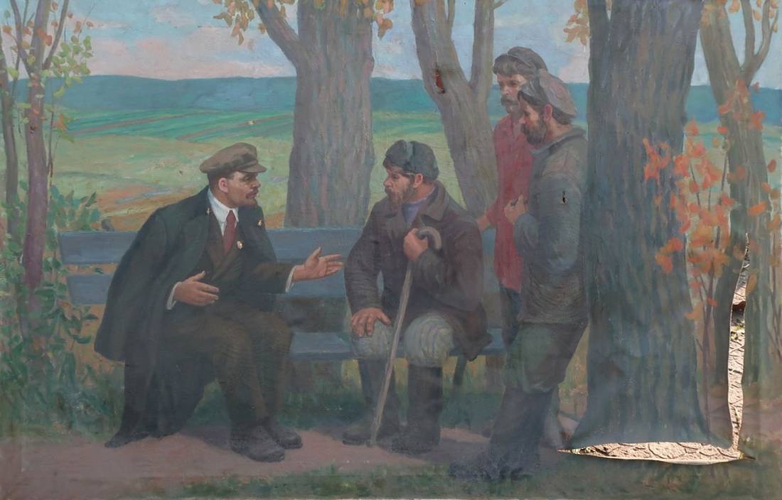 Oil painting of Lenin in Gorki by Kachanov K.S. on blue wooden bench under trees