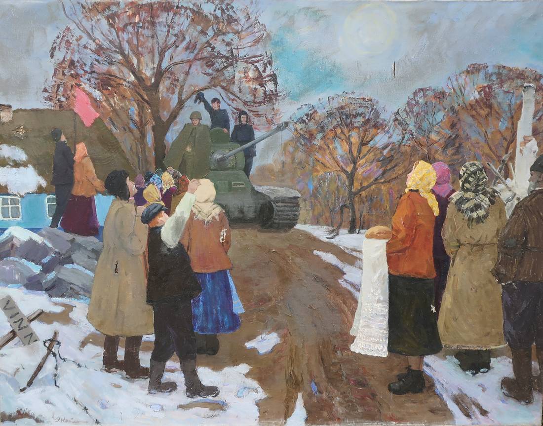 Oil painting Liberators Neumann E: green tank on snowy road amid bare trees