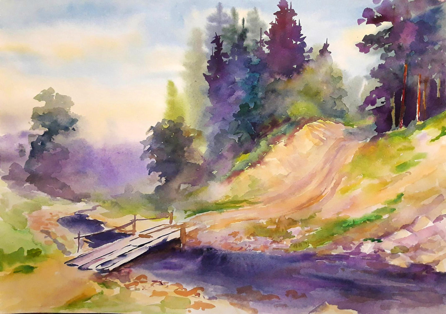 Watercolor painting of wooden bridge over river by Serdyuk Boris Petrovich №SERB 680