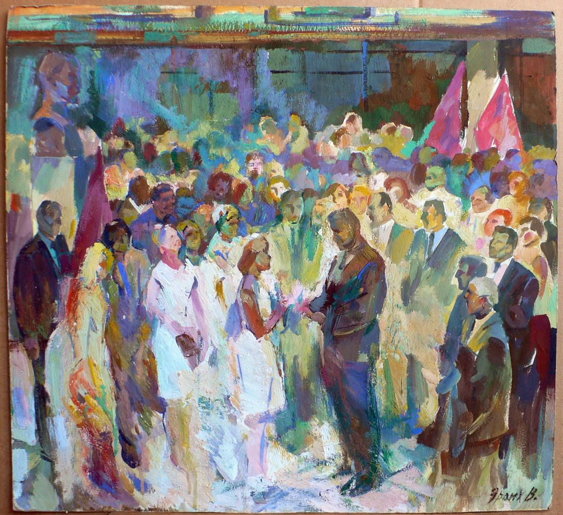 Vibrant impressionist oil painting by Erlikh Vladimir Isaakovich of crowded gathering