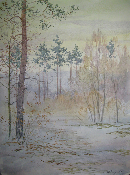 Watercolor painting In the winter forest Savenets Valery