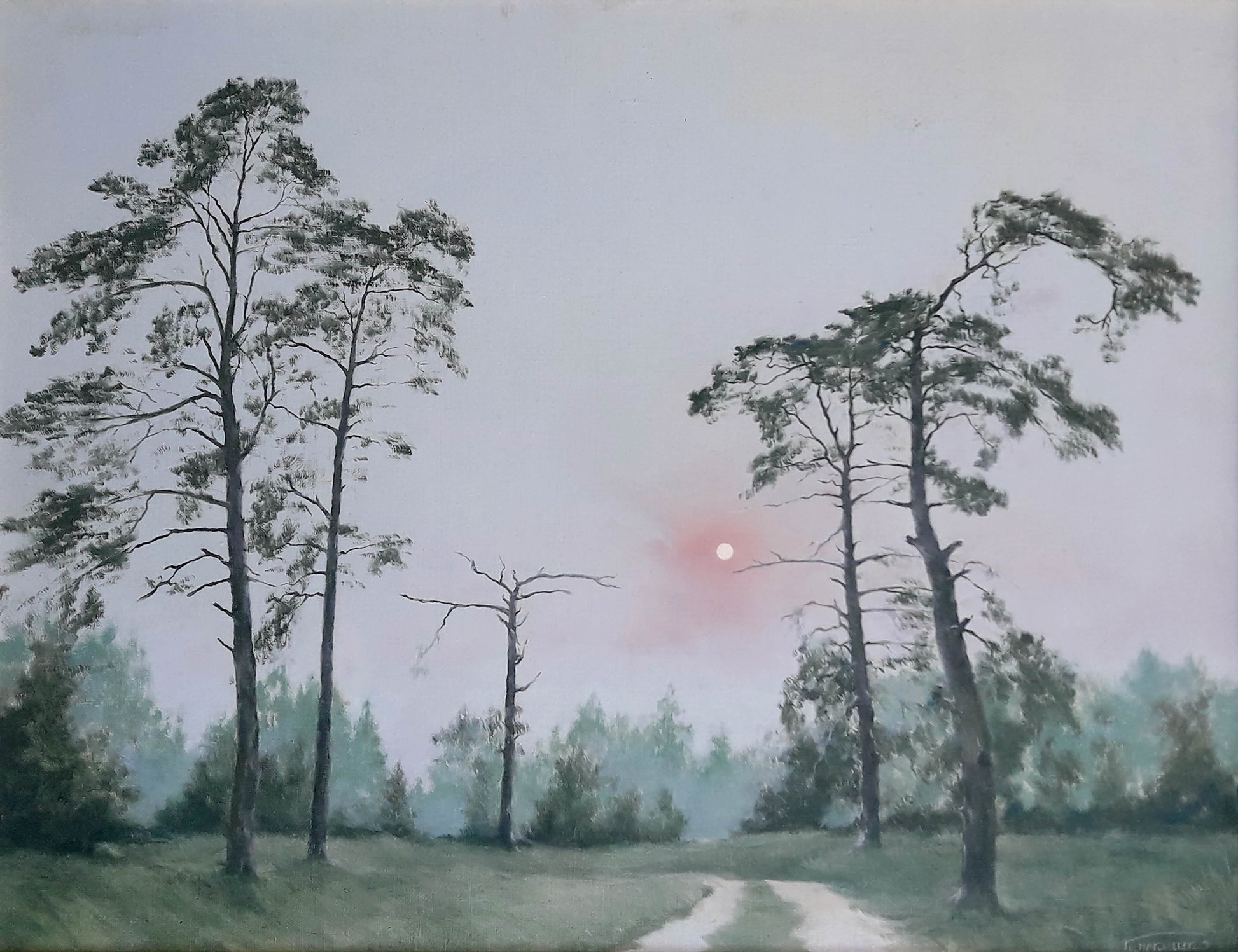 Oil painting Daylight Korkishko Vasily misty forest path watercolor style