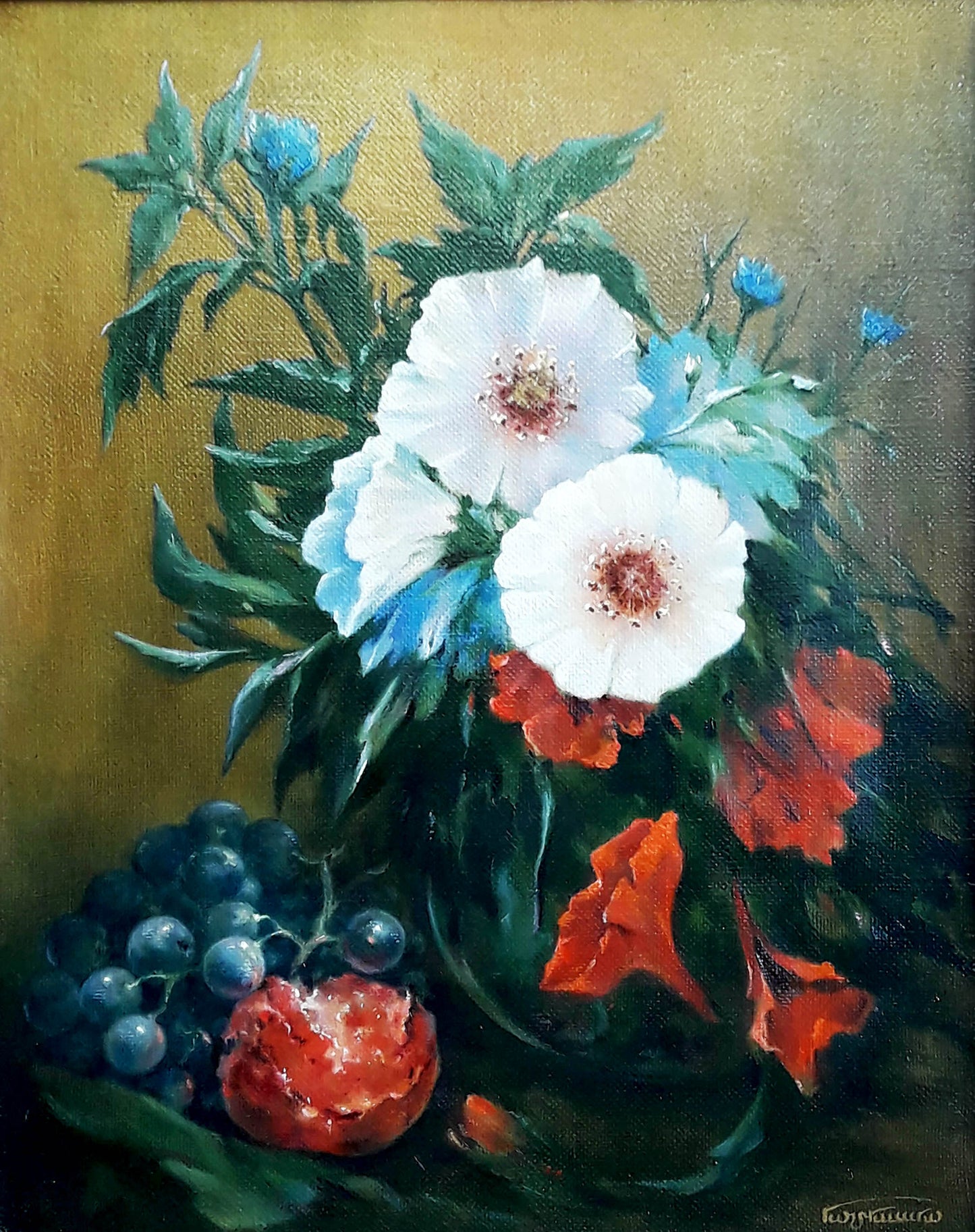 Oil painting by Vasily Korkishko: still life with bright flowers, grapes, pomegranate