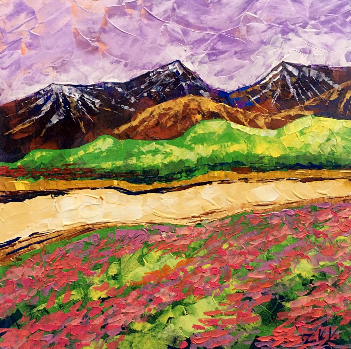 Vibrant impressionistic oil painting of colorful mountains by V. Zadorozhnya