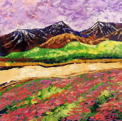 Vibrant impressionistic oil painting of colorful mountains by V. Zadorozhnya