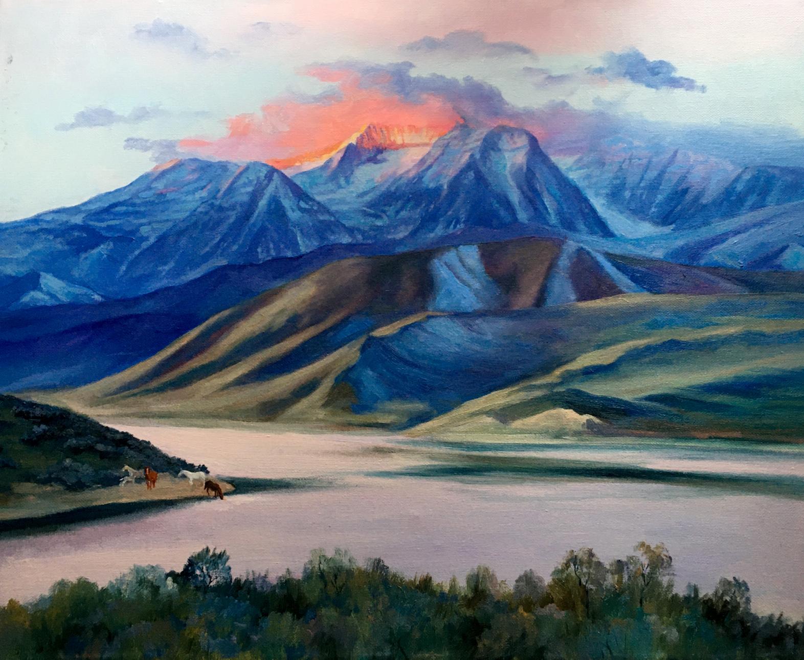 Oil painting of sunset behind snow-capped mountains by Serdyuk Boris Petrovich