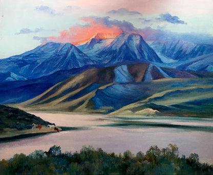 Oil painting of sunset behind snow-capped mountains by Serdyuk Boris Petrovich