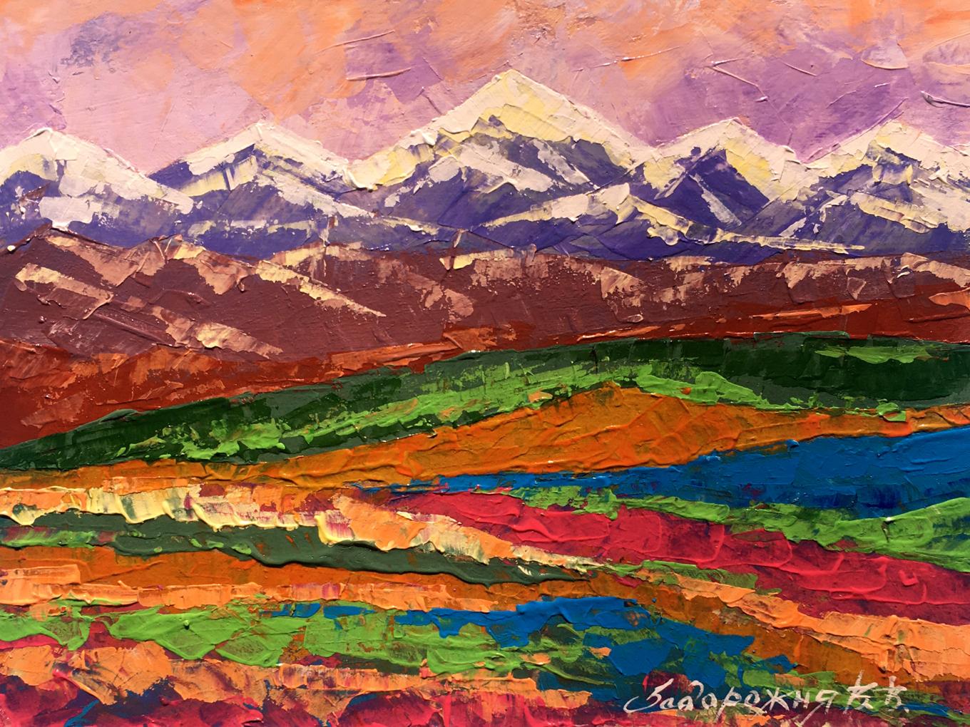 Oil painting Evening in the mountains by Zadorozhnya V. V. vibrant impressionist peaks