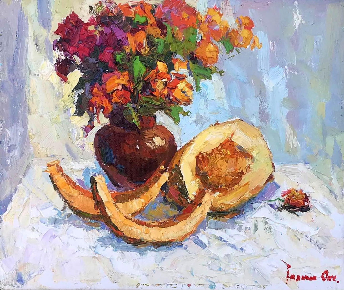 Oil painting Autumn flowers with melon Ivanyuk Oksana