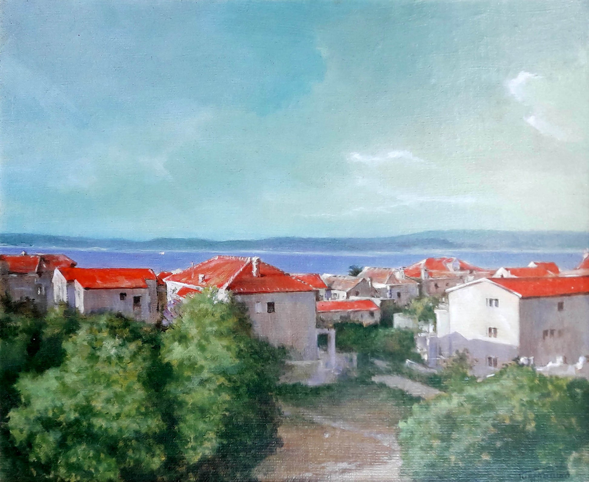 Oil painting Sunny day Korkishko Vasily: serene coastal village by blue sea