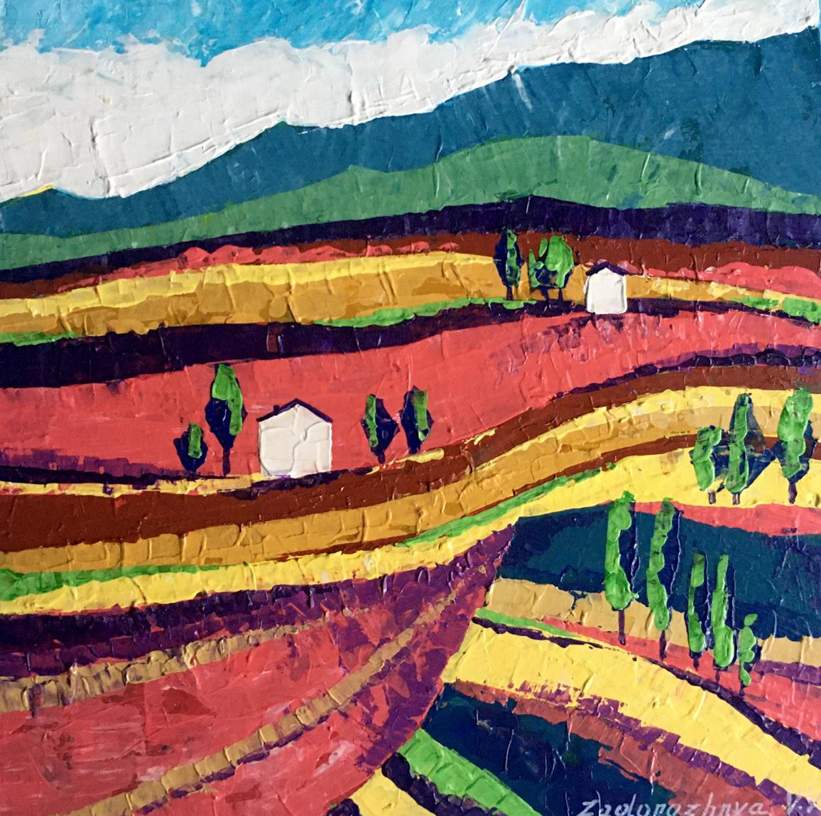 Vibrant oil painting by V. Zadorozhnya: colorful fields, stripes, houses, cypresses