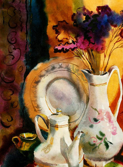 White ceramic pitcher with pink florals, gold rim, matching teapot by Egor Shvachunov