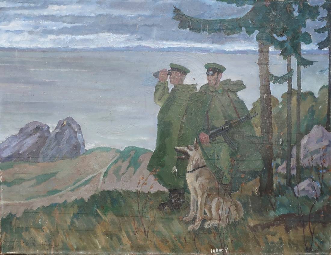 Oil painting of M. border guards with dog, binoculars, rifle