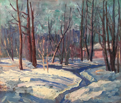 Oil painting of textured impressionist snowy forest landscape