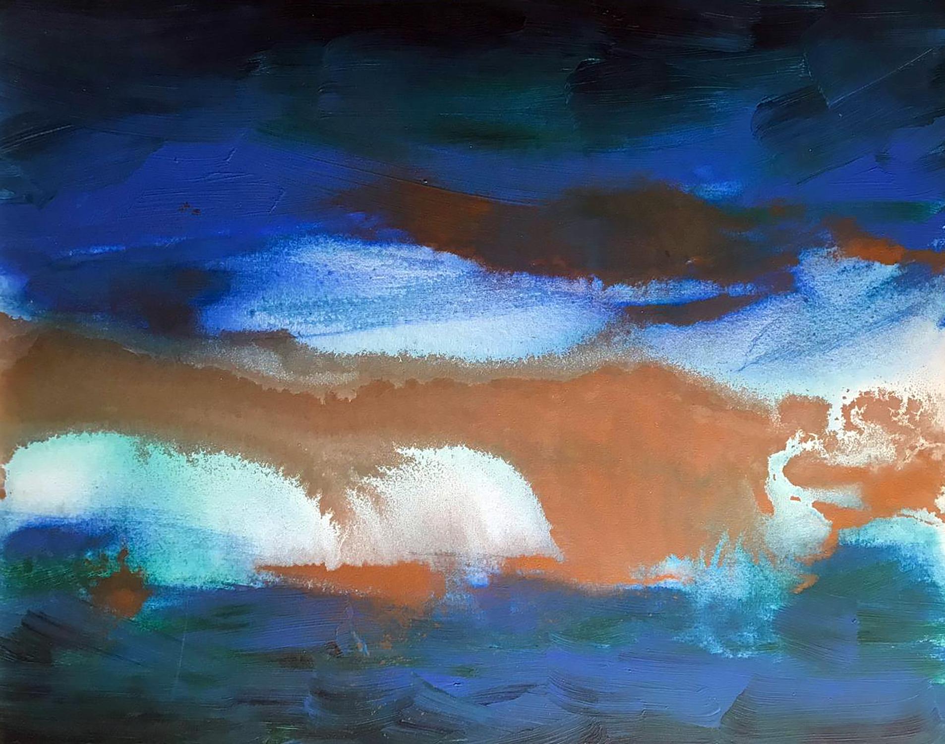 Acrylic painting Galaxy by Melezhik Olga with bold blue, orange, white strokes