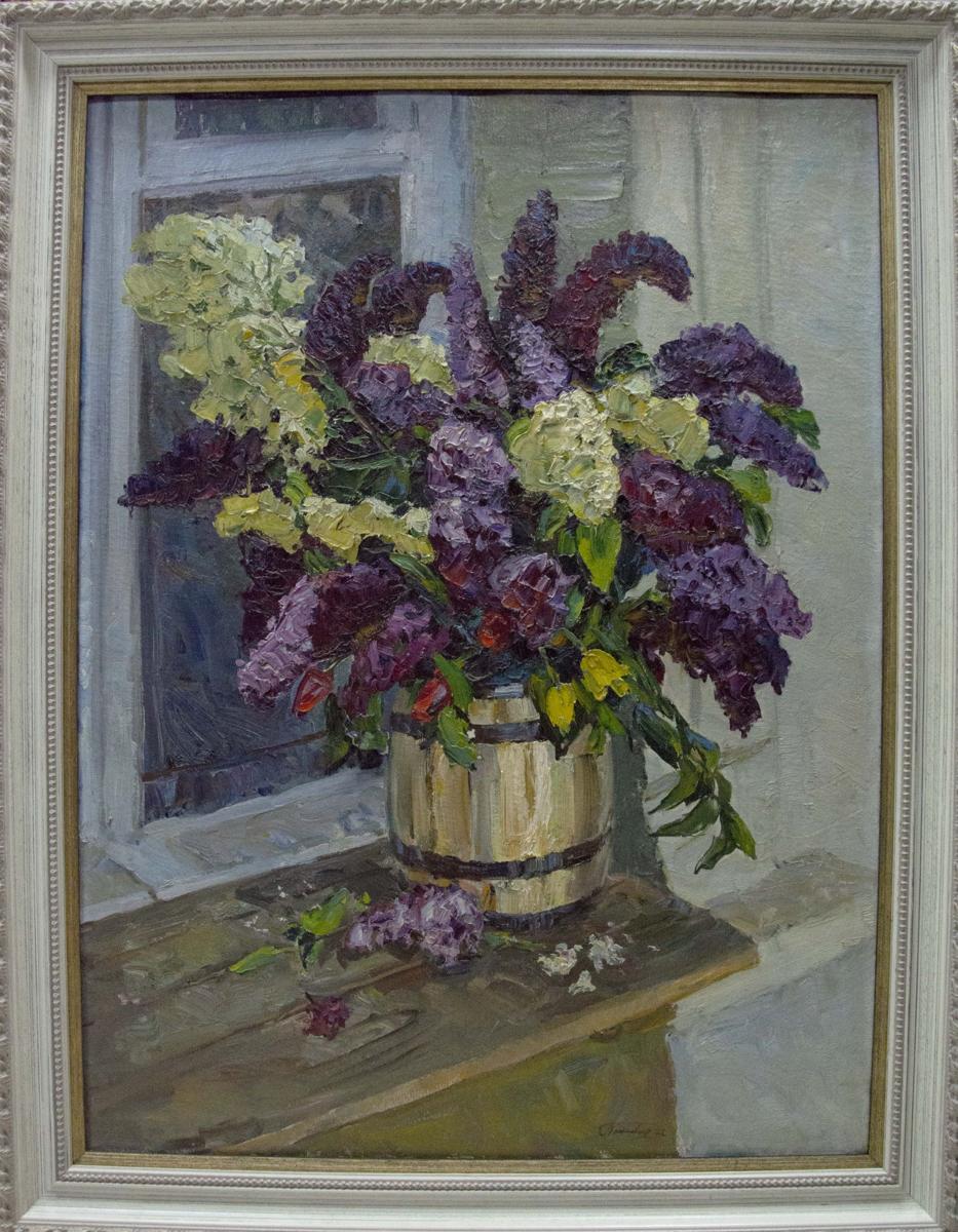 Oil painting of purple white lilacs in wooden barrel by window by Kolomoitsev Petr Mikhailovich