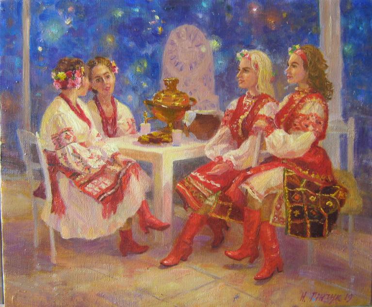 Golden samovar in Oil painting A star fell from the sky Pinchuk