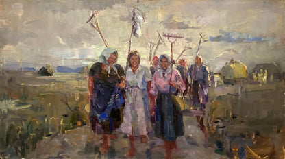 Oil painting Kolkhoz women by unknown artist in vibrant field scene