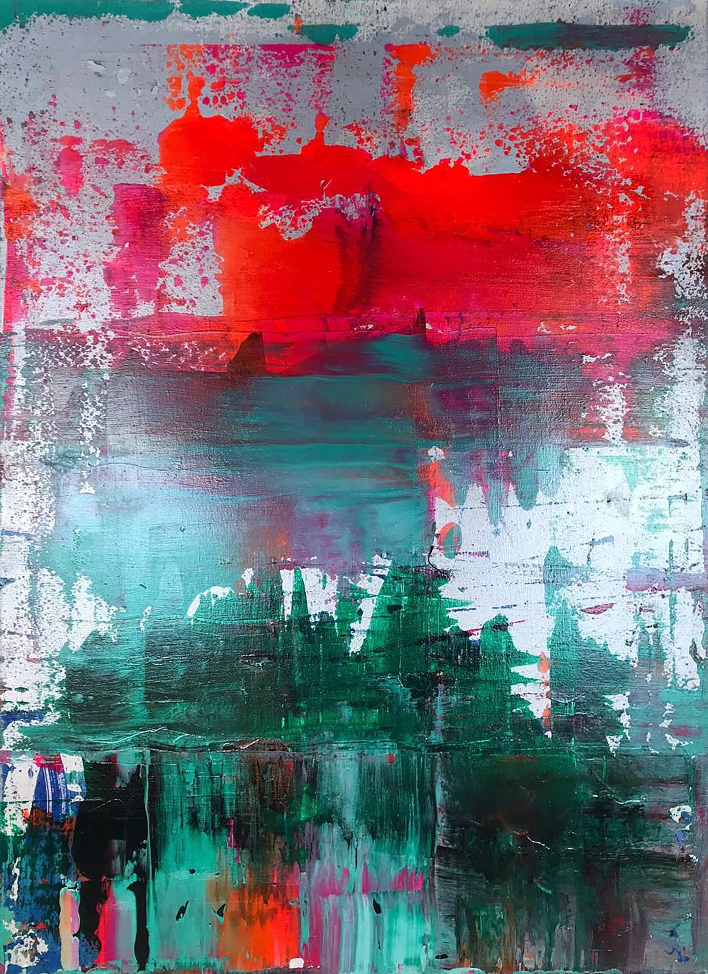 Vibrant Forest Lake acrylic painting by Melezhik Olga with red teal green strokes